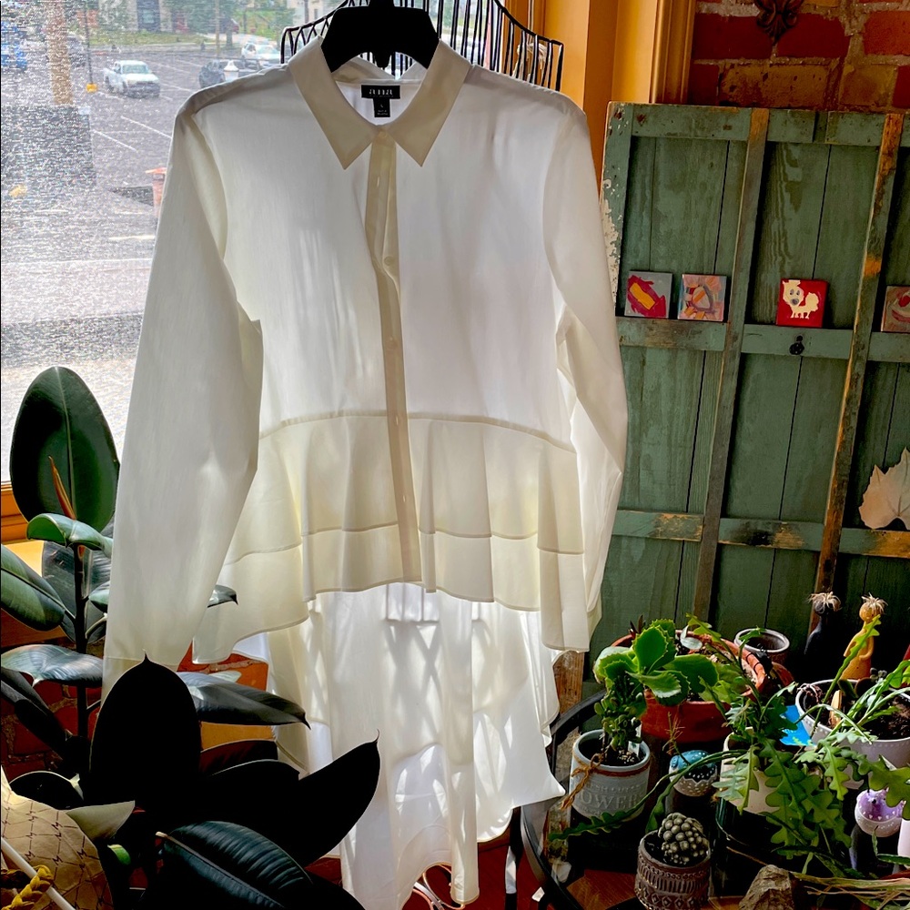 A.N.A. White cotton Button-Up Blouse, with tuxedo style layers in the back.